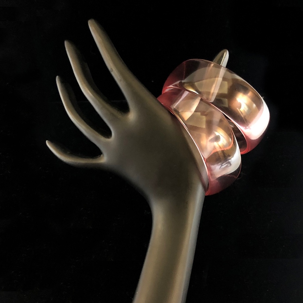 VINTAGE Pink Transparent Lucite Statement Bangle Bracelet Pair